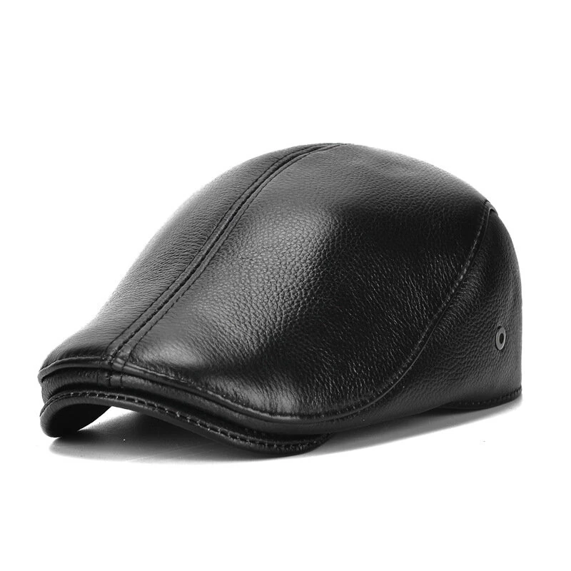 (image for) Collrown Men's Outdoor Genuine Leather Berets Forward Cap for Autumn Winter Casual Flat Peaked Hat
